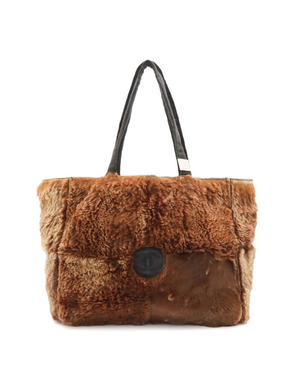 Chanel Rabbit Fur CC Logo Tote Fur Handbag Suede Brown Black
